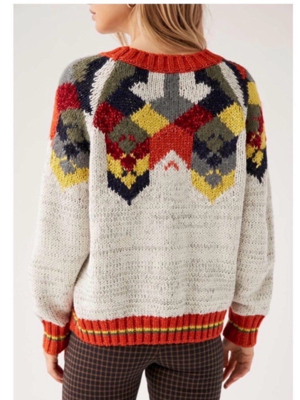Urban Outfitters Cream Sweater with Red, Yellow & Olive Fair Isle Yoke